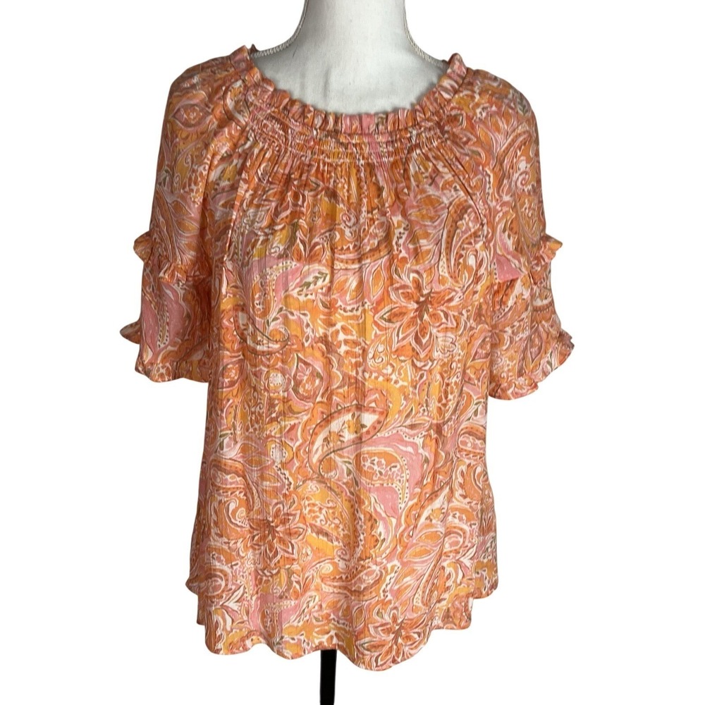 Nanette Nanette Lepore‎ Orange Paisley Puffed Short Sleeve Blouse Size S